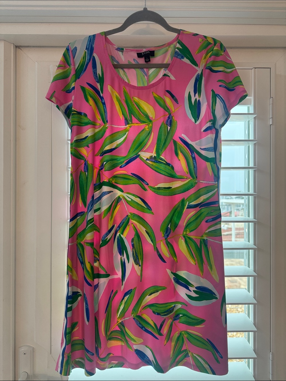 MSK Pink Tropical Leaf Midi Dress with Green & Blue Accent Large